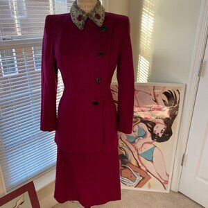 RARE 1940s Magenta Wool Victory Suit with Fur Collar